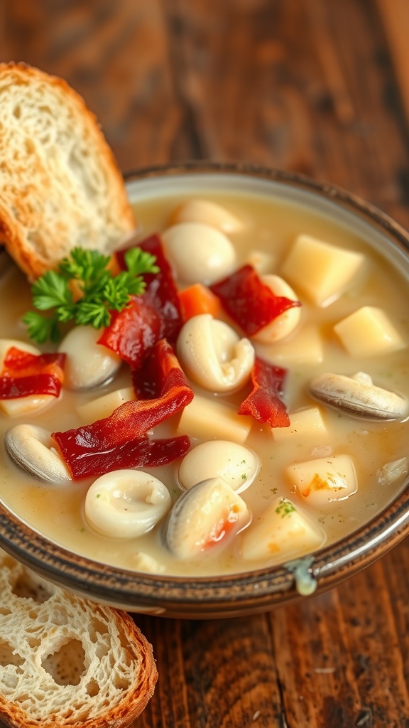 A hearty bowl of clam chowder with bacon and parsley, alongside a slice of bread on a wooden table.
